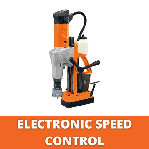 Pro Grade Magnetic Drill Unit With Reversible Electronic Speed Control For Up To Two And A Half Inch Annular Cutters showing drill with electronic speed control.