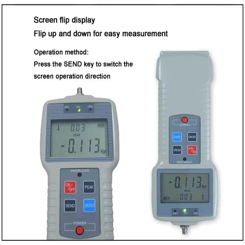 Push And Pull Force Gauge With Real Time Peak And Auto Peak Modes Digital Force Meter Supporting N Kg And Lb Units LCD Display For Tension And Compression Testing 1000N Capacity Easy Unit Conversion Handheld Precision, flipped screen view
