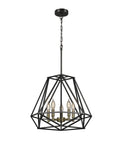 Juliet 1-Light Industrial Chandelier in Matte Black with open socket design, geometric cage shade, and hanging chain