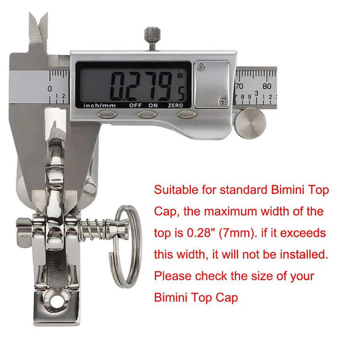 4 Pack Bimini Top Deck Hinge With Pin And Ring 316 Stainless Steel with digital caliper showing 0.279 inch measurement.