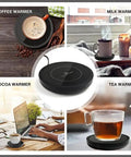 Electric Coffee Mug Warmer With Three Custom Heat Levels And Smart Auto Shut Off Keeps Your Morning Brew Straight Up Toast For Chill Work Days Or Lazy Weekend Routines On Your Workspace Desk In Crisp White Finish, shown in four uses.