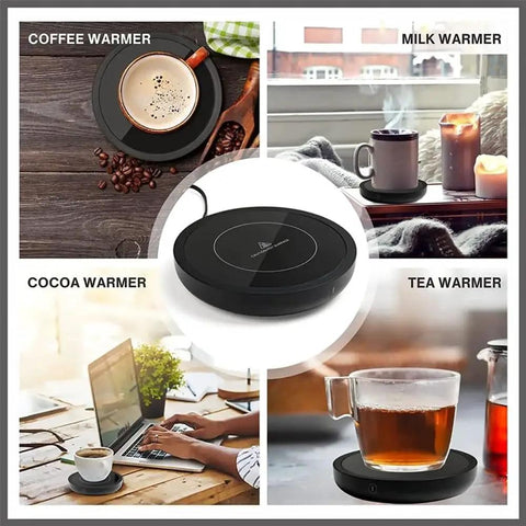 Electric Coffee Mug Warmer With Three Custom Heat Levels And Smart Auto Shut Off Keeps Your Morning Brew Straight Up Toast For Chill Work Days Or Lazy Weekend Routines On Your Workspace Desk In Crisp White Finish, shown in four uses.
