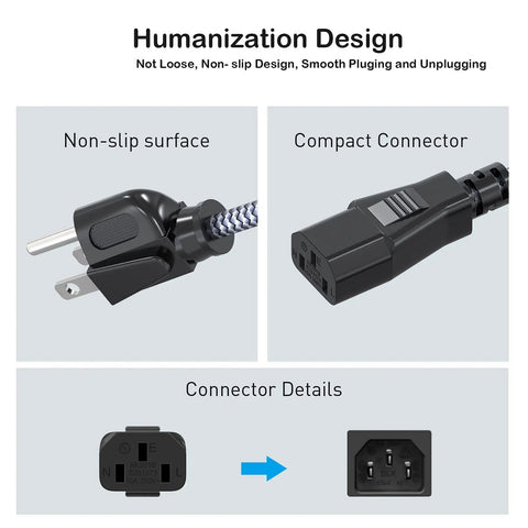 Heavy Duty 10A 18AWG Nylon Braided 10 Ft AC Power Cord 3 Prong Replacement Cable with non-slip surface and compact connector