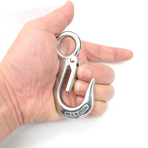 Hand holding 304 Stainless Steel Grab And Slip Hook Rigging Accessory With Spring Loaded Latch, Heavy Duty Lifting Hook Rated Up To 440 Lbs 200 Kg