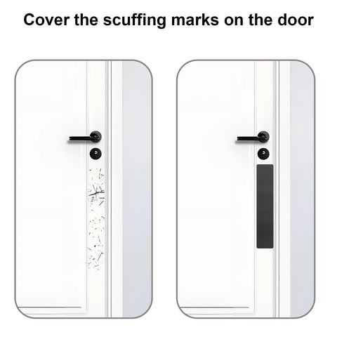Before and after image showing Tough As Nails Steel Dog Door Protector And Scratch Proof Kick Plate covering scuffed door.