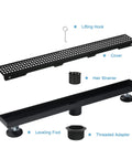 Parts of the 36 Inch Black Linear Shower Drain With Removable Grate Cover Brushed 304 Stainless Steel Shower Floor Drain Hair Strainer And Adjustable Feet
