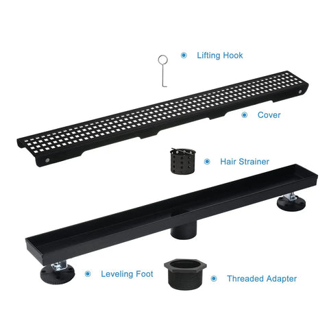 Parts of the 36 Inch Black Linear Shower Drain With Removable Grate Cover Brushed 304 Stainless Steel Shower Floor Drain Hair Strainer And Adjustable Feet