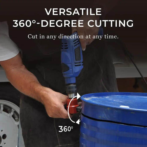 Person using Pro Grade Sheet Metal Nibbler Bundle with Drill Attachment for straight lines, curves, circles on metal barrel