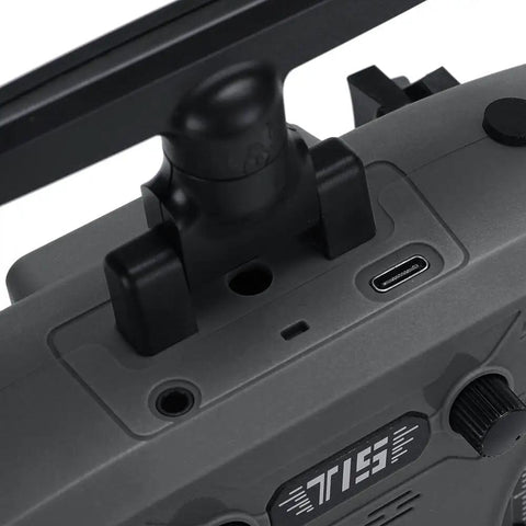 Jumper T15 2.4GHz ELRS 1W Transmitter USB-C port and controls, featuring VS-M Hall Sensor Full-Size Gimbal EdgeTX Radio Controller.