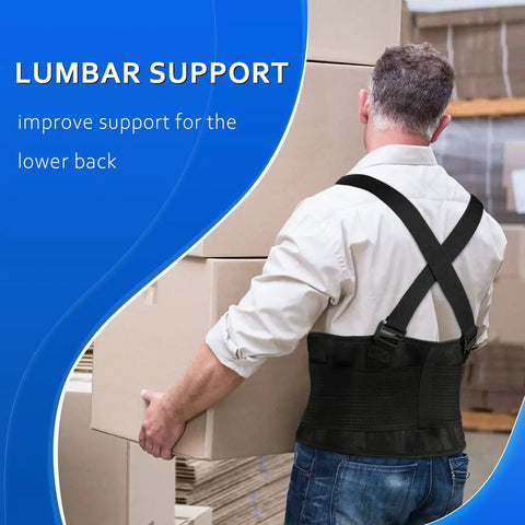 Heavy Duty Lumbar Back Brace With Four Flexible Orthopedic Stays For Killing Lower Back Pain, worn by a man lifting boxes.