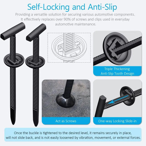 Heavy Duty Nylon Universal Cable Tie Buckles For Cars And Home Use, showing self-locking anti-slip tooth design illustrations
