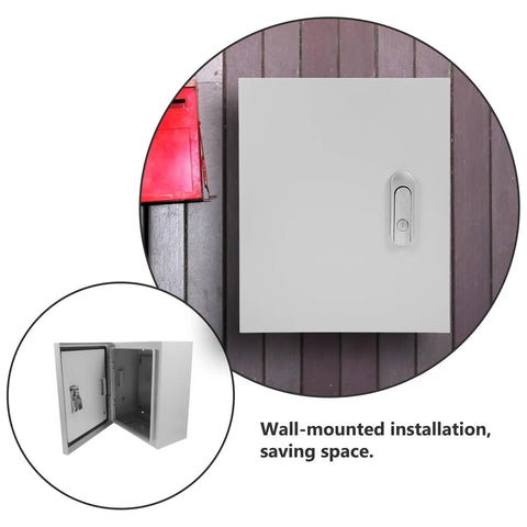 Waterproof Metal Electrical Junction Box With Plastic Lock Outdoor Enclosure Panel 25x30x14 cm wall-mounted on wood surface