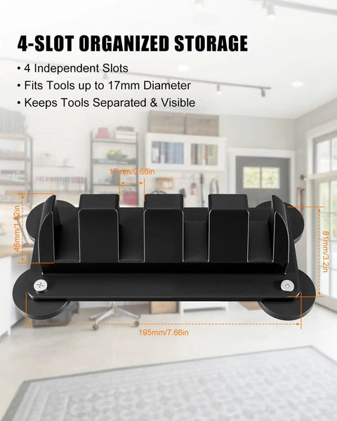 Four Slot Magnetic Pry Bar Organizer With Mounting Holes For Garage Or Shop, Wall Mount Or Magnetic Storage Rack, front view
