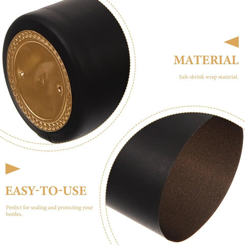 Wine Heat Shrink Capsules Set 100 Pieces With PVC Bottle Sealing Film Disposable Shrink Wrap Caps In Black, close-up details.