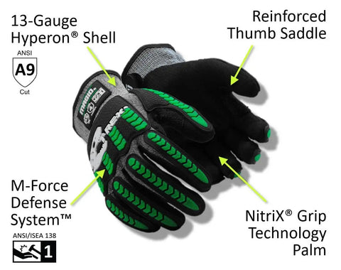 T Rex Flex Series ANSI A9 Knit Impact Glove With NitriX Palm For That Solid Dope Grip In Oily Jobs 13 Gauge Hyperon Shell Delivers Breathability And Comfort And ANSI A9 Cut Protection For Small Object Handling Size 9 Large Black And Green TRX795 front view emphasizing reinforced thumb saddle, NitriX palm.