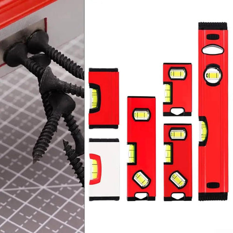 Portable Aluminum for spirit Level with V-Groove Design for Pipe in red, various sizes, showing cylindrical vials and screws.