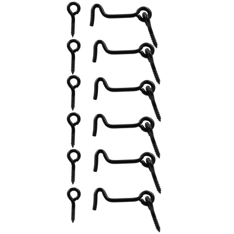 Heavy Duty 2 Inch Black Hook And Eye Latches, 6 Pack Cabinet Door Hardware showing durable black zinc hooks and screws.