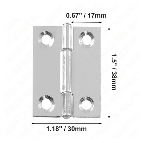 Ten Pack 1.5 Inch Stainless Steel Butt Hinges For Cabinet And Small Box Doors folding hinge with measurements shown