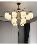 Sharp Chinese Style Crystal Ceiling Fan Chandelier For Living Room featuring elegant cream glass shades and gold accents.