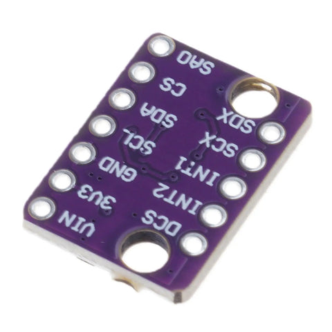 Low Power 6 Axis Motion Sensor Module With Adjustable Range For IoT, Robotics, And Wearables, Dope Accelerometer And Gyroscope Tracking For Real Time Orientation, Vibration Analysis, And Battery Powered Projects purple PCB board with pin labels