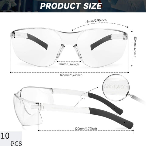 Clear ANSI Z87.1 Safety Glasses For Men With Polycarbonate Lenses, Scratch And Impact Resistant, Wind And Dust Protection, Comfy Fit, Available In Clear Or Smoke Tint For Everyday Outdoor Use. Clear safety glasses size chart with 10 pcs