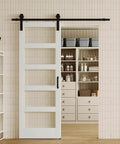 Glass And Wood Barn Door Kit 30In X 84In With Frosted Five-Panel Glass, White Primed MDF Panel, Pre Drilled, 6 Ft Sliding Door Hardware installed