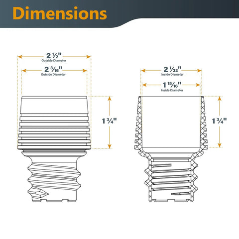 Dimensions diagram of 2.5 inch adapter for 10 Ft Flexible Vacuum Hose Dust Collection Kit For Woodworking Tools And Shop Vacuums
