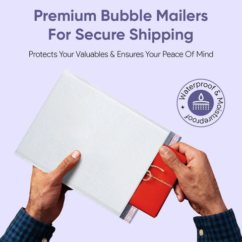 Hands holding a Large 10.5x16 Inch Poly Bubble Mailer With Self Seal Air Lined Cushioned Envelopes showing secure packaging of an item.