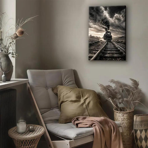 Killer Monochrome Train Canvas Wall Art Vintage Steam Locomotive Poster With Desert Canyon Tracks And Dramatic Storm Clouds