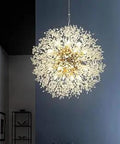 Lit Gold Crystal Dandelion Sputnik Ceiling Light Fixture With 16 Lights, Dimmable G9 Pendant Lighting, 22 Inch Diameter