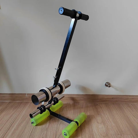 No-Bend Dual Line Floor Tape Marking Tool With Standing Pasting Dispenser For Masking Tape, Painter Roller Ready, Quick Straight Lines On Floors, Walls, Gyms And Warehouses, Pain-Free Back-Saving. Stainless steel dual-roll floor tape marker with 80 cm handle and green wheels