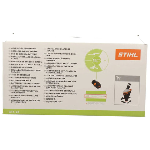 GTA 26 Cordless Wood Cutter Set With AS 2 Battery And AL 1 Charger, orange box packaging with product features and branding