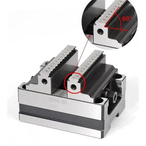Shop Ready High Precision Bench Vise Featuring Dead On Accurate Self Centering Action For Cnc Machining Centers with 60° angle detail.