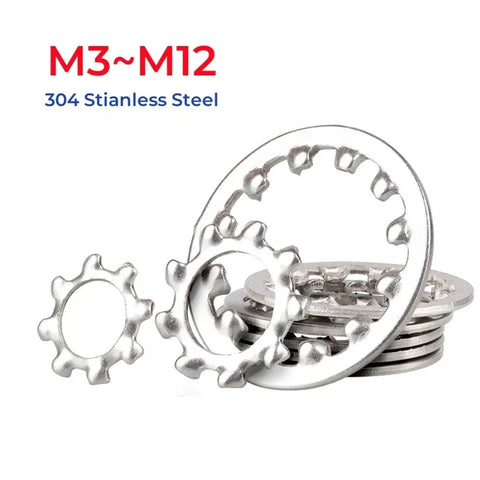 Heavy Duty 304 Stainless Steel Lock Washers Set M3 To M12 With Internal Teeth And External Teeth Star Style, corrosion resistant