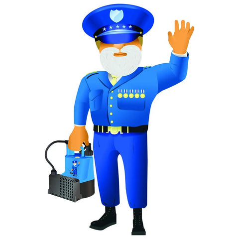Cartoon figure holding Automatic Submersible Utility Pump 1/6 HP With Corrosion-Resistant Thermoplastic Body, Auto Shutoff, 3/4 Inch Discharge