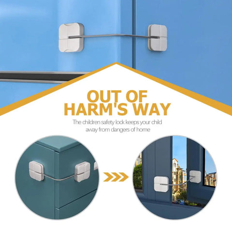2 Pack Kid Safe Safety Cabinet Locks for Home Use, ABS and Steel Silver Childproof Drawer and Door Latches on Blue Cabinet