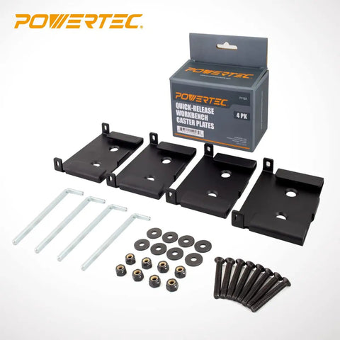 Four Pack Quick Release Workbench Caster Plates With Pins For Tool-Free Mobility, nuts, bolts, and packaging displayed