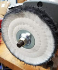 Ready To Roll Stainless Steel Bench Grinder Arbor Washer And Flange Set Fits Classic 5/8 Inch Spindle showcasing a wire brush attachment.