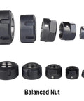 Top Shelf Er25 Collet Chuck Nut For Cnc Milling And Engraving Tools showing various sizes of balanced nuts with black oxide finish.