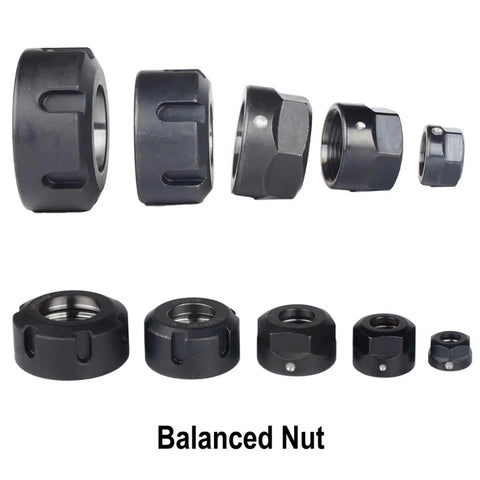 Top Shelf Er25 Collet Chuck Nut For Cnc Milling And Engraving Tools showing various sizes of balanced nuts with black oxide finish.