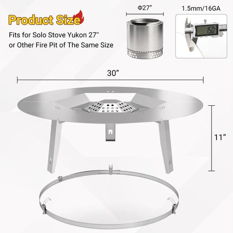 Diagram of Upgraded Heat Deflector For Solo Stove Yukon 27 Inch, showing detachable legs, fix hoop, and dimensions in inches.