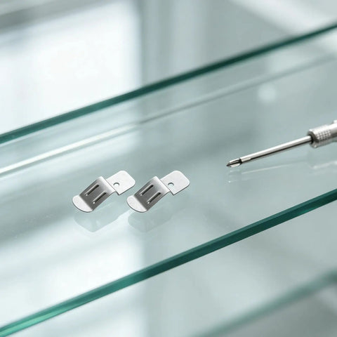 Close-up of two stainless steel Glass Quick Mounting Hook Bracket Clips on tempered glass with screwdriver