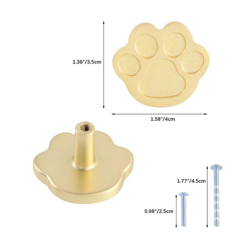 4 Pack Gold Paw Print Cabinet Knobs and Drawer Pulls Super Cute Claw Shape Zinc Alloy Handles with Screws, 1.58in size.