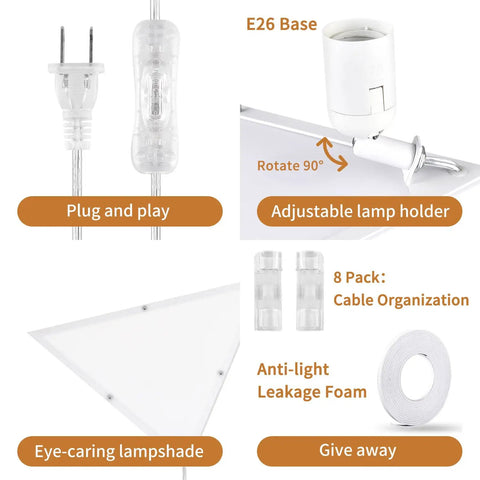 Plug In Corner Light 2 Pack With Switch, Modern Triangle Wall Light Fixture With Acrylic White Shade showing parts and features
