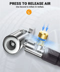 Close-up of upgraded tire inflator hose adapter with 360 degree rotating end showing quick release air valve mechanism.