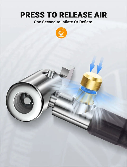 Close-up of upgraded tire inflator hose adapter with 360 degree rotating end showing quick release air valve mechanism.