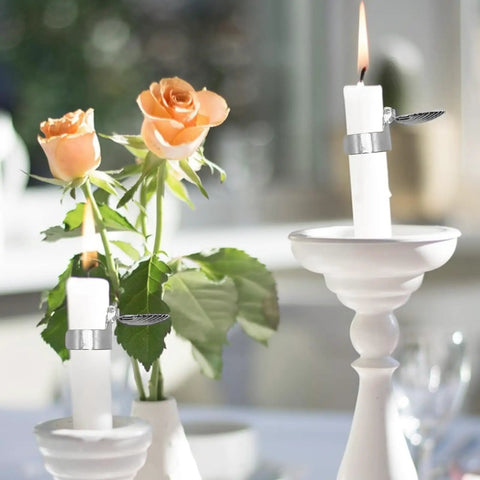 Automatic Candle Extinguisher Timer Kit With Self Extinguishing Tech For Cozy Home Vibes And Chill Lighting Easy Install Solid 4 Piece Gift Set in use with white candle and pink roses.