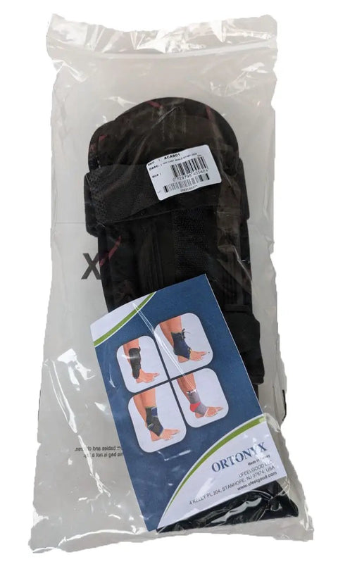 All Day Ankle Stabilizer Brace With Stirrup Support packaging, visible black brace, labeled, in plastic wrapping.