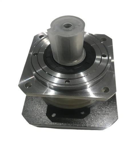 Heavy Duty Round Helical Planetary Gearbox Built Tough Delivers Knockout Torque And Smooth Five To One Reduction For 110Mm Ac Servo Motors With Plug And Play 19Mm Drop In Shaft, top view showing shaft and sealed housing.