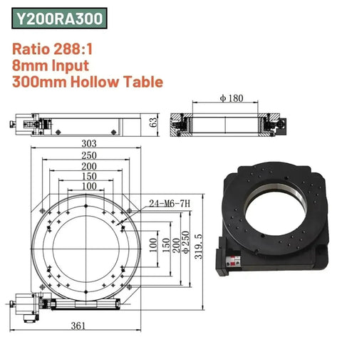 Heavy Duty Hollow Rotary Table Motor Drive Indexing Plate Gearbox Reducer Kit That Is A True Smooth Operator And Plays Well With Any Rig For Precision Indexing At 3Nm And 200mm, 300mm size with detailed dimensions.